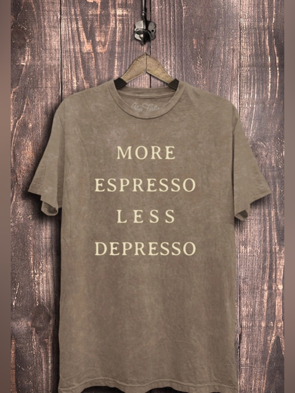 UNISEX 'More Espresso Less Depresso' Mineral Wash Graphic T‑Shirt - Brown